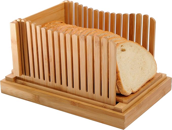 GloBamboo Bamboo Bread Slicer with Cutting Board For Homemade Bread, Adjustable, Compact, Foldable and Customizable Loaf/Cakes/Bagel Slicer, 3 Slice Sizes with Serving and Crumb Catcher Tray