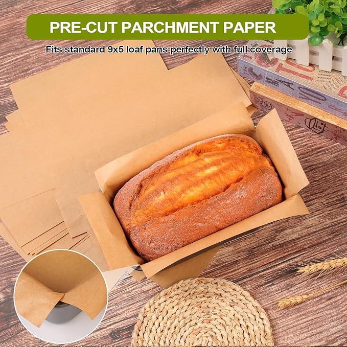 Unbleached Parchment Paper Loaf Pan Liner - Precut 9''x5'' Non-Stick, Fits 8.5''x4.5''/10''x5'' Loaf Pans, Heat-Resistant 430°F BPA-Free Food-Safe for Bread Baking (200 Pcs)