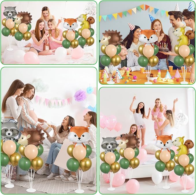 4 Sets Vbs Woodland Animals Party Balloons Stand Kit with Hedgehog Raccoon Fox Squirrel Foil Balloons Sage Green Brown Balloon Centerpiece for Tables for Forest Safari Jungle vbs Birthday Party Decor