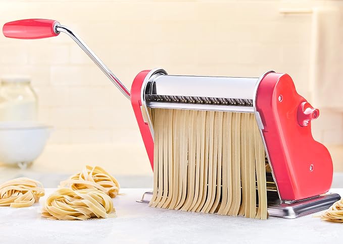 PASTALINDAClassic 200 Pasta Maker Machine, 20 cm Wide Rollers, 9 Thickness Positions, 2 Cutting Positions, Stainless Steel. Includes Reinforced Hand Crank And Two Clamps (Coral)