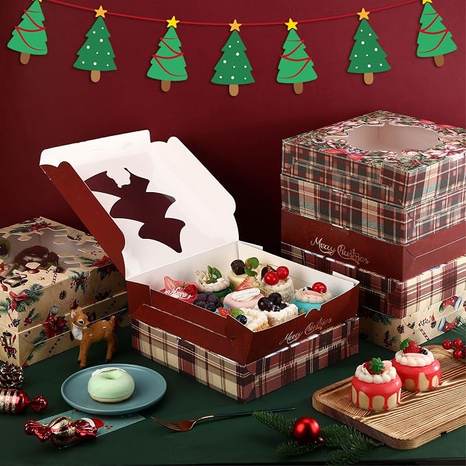 Affrolling 24 Pcs Pie Boxes 10 x 10 x 2 Inch Bakery Boxes with Window for Pies, Cookies and Pastries(Christmas Snowman)