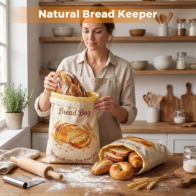 Beeswax Bread Bags for Sourdough, 2 Pack Reusable Bread Bag for Storage XL 17x13 Inch, Large Linen Bags for Homemade Sourdough - Keep Fresh, Freezer Safe