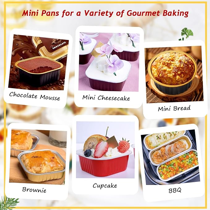 LNYZQUS 5oz Cupcake Mini Cake Pans with Lids 40 Pack, Aluminum Foil Cupcake Cups Brownie Baking Pans,Square Disposable Ramekins Baking Cups,Small Muffin Tin Holders-Champagne