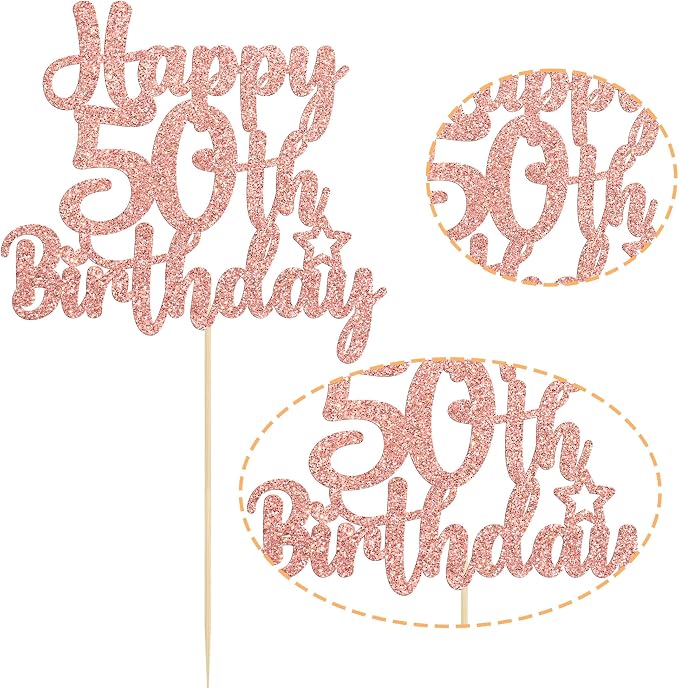 Gyufise 1Pc Happy 50th Birthday Cake Topper Glitter 50 & Fabulous Cheers to 50 Years Old 50th Birthday Cake Pick for Celebrating 50th Birthday Anniversary Party Cake Decorations Rose Gold