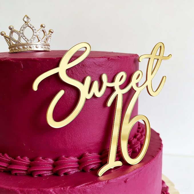Sweet 16 Cake Topper, Gold Acrylic Finally 16 Cheers to 16 Years Cake Decoratio,16th Birthday Party Decoration,Sweet Sixteen Theme Party Decorations for Birthday Anniversary Wedding Party Cake Decor