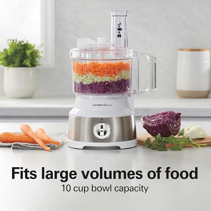 Hamilton Beach Food Processor & Vegetable Chopper for Slicing, Shredding, Mincing, and Puree, 10 Cups + Easy Clean Bowl Scraper, White and Stainless Steel (70733)