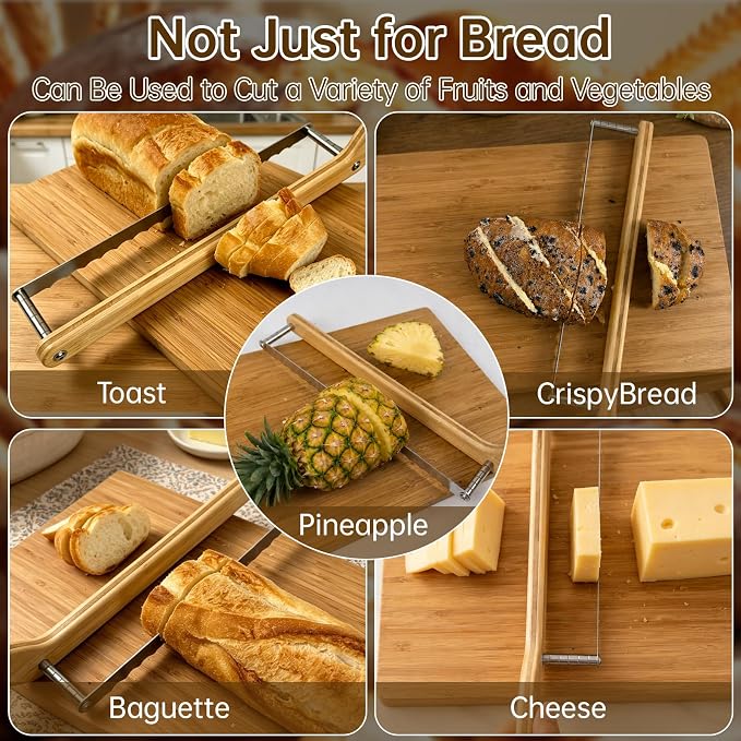 Bread Knife for Homemade Bread Sourdough, Left or Right Handed | Ergonomic Bamboo Handle, Stainless Steel Serrated Sourdough Slicer, Adjustable Loaf Cutter with Measurement Marks