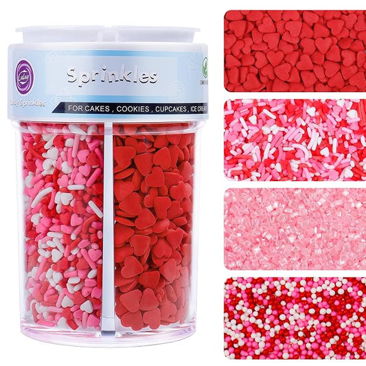 Valentines Sprinkles for Cake Decorating, 8Oz White Pink and Red Heart Sprinkles, Edible Nonpareil Sanding Sugar Heart Confetti Jimmies Mix for Ice Cream Cupcakes Brownie Cookie Baking Topping