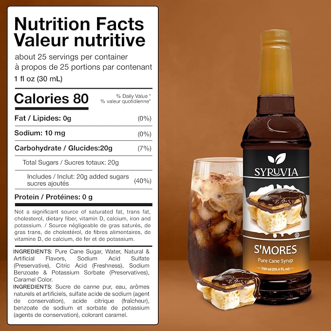 Syruvia Coffee Syrup, S'mores Flavored Syrup for Drinks, Lattes, and Desserts – 25.4 fl oz - with Pump