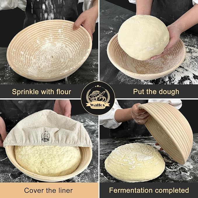 WALFOS Bread Basket Liner Cloth, 9 inch round bread proofing basket cloth liner, Baking Dough Basket Cover Natural Rattan Banneton Proofing Cloth 2 Packs