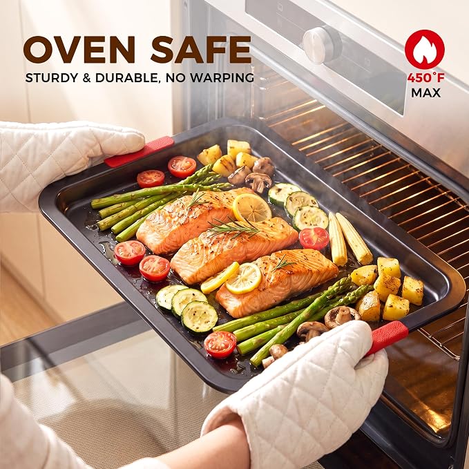 Kikcoin Nonstick Cookie Sheets for Baking Set of 3, Carbon Steel Sheet Pans with Lychee Silicone Handles, 2X Thick Ceramic Coating PFOA-Free, Small Medium Large Stackable Baking Pans for Oven, Grey