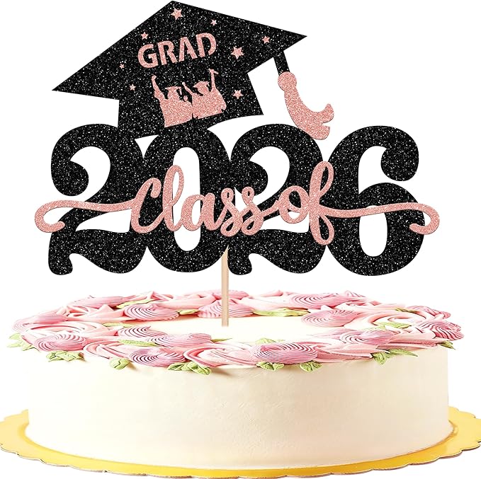 1 Pack Class of 2026 Cake Topper Glitter Congrats Grad Cap 2026 Graduation Cake Pick Decoration for 2026 Graduation Theme High School Graduate Party Cake Decorations Supplies Rosegold