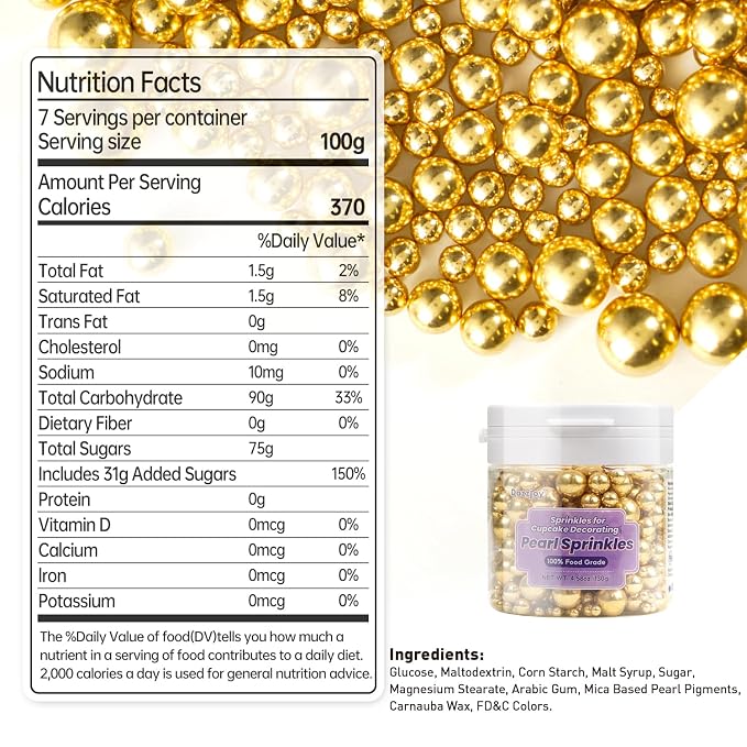 Dazzjoy Gold Pearl Sugar Sprinkles, Edible Candy Sprinkles, Cake Toppers and Cake Decorations, Mix Size, Cookie Decorating, Ice Cream, Patriotic Wedding Party Holiday Supplies, 130g/4.58oz