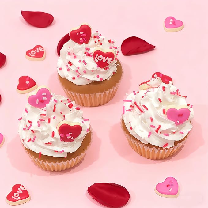 Edible Heart Cake Decorations, Valentines Cupcake Toppers, Royal Icing Decorations, Red Pink Heart Shaped Sprinkes Edible for Cookies Chocolates Baking Valentines Toppers, 36 pcs