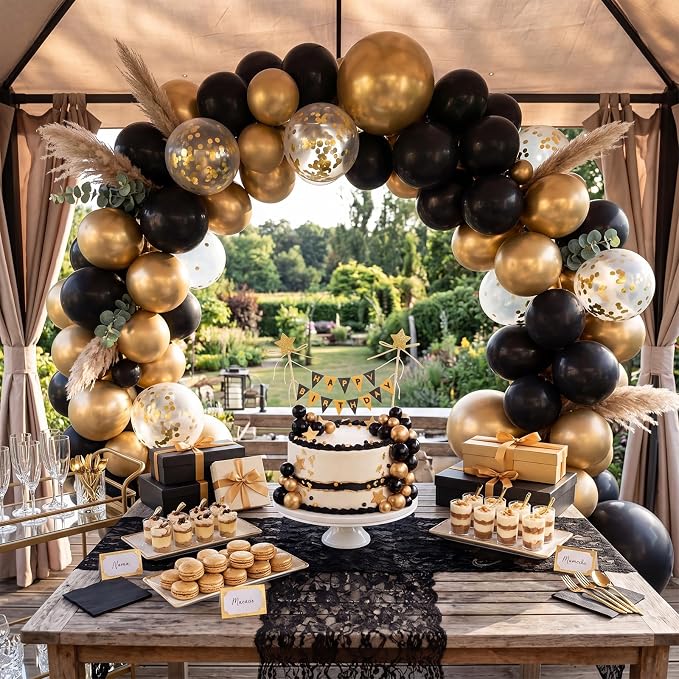 21 Pcs Happy Birthday Cake Topper Cake Bunting Topper Banner with Wood Pole Rainbow Garland with Bow Ribbon Balloon, Mini Cupcake Decor for Birthday Baby Shower (Black,Gold)