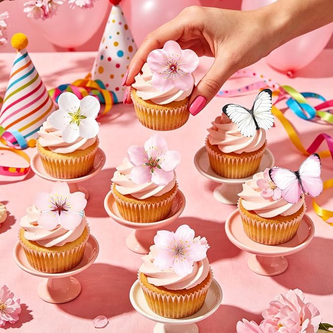 72 PCS Edible Cherry Blossoms Butterfly Cupcake Toppers Wafer Paper Flowers Cake Decorations Ideal for Baby Shower Kids Birthday Party Decorations Edible Flowers Cake Decorations for Celebrations