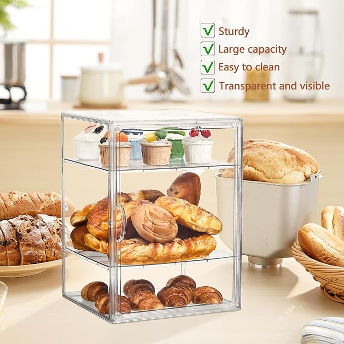 SANKEU Pastry Display Case,Bread Box for Kitchen Countertop,4 Layers Detachable Clear Bread Storage with Magnetic Door Bakery Pastry Display15.5x11.4x9.8,2 Pack