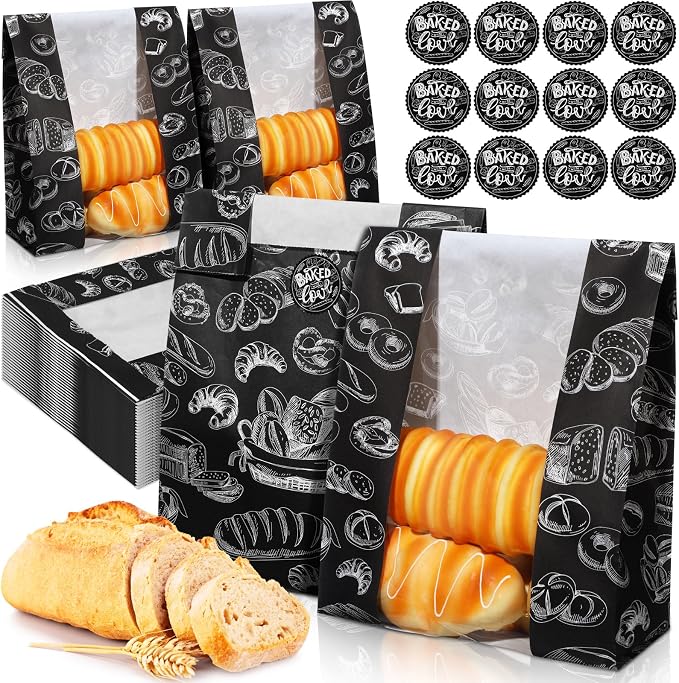 MotiMind 100 Packs Paper Bread Bags for Homemade Bread Sourdough 14 x 8.3 x 3.5 Inches Kraft Paper Bakery Bag with Window Label Seal Sticker for Baked Food Packaging Storage(Black)