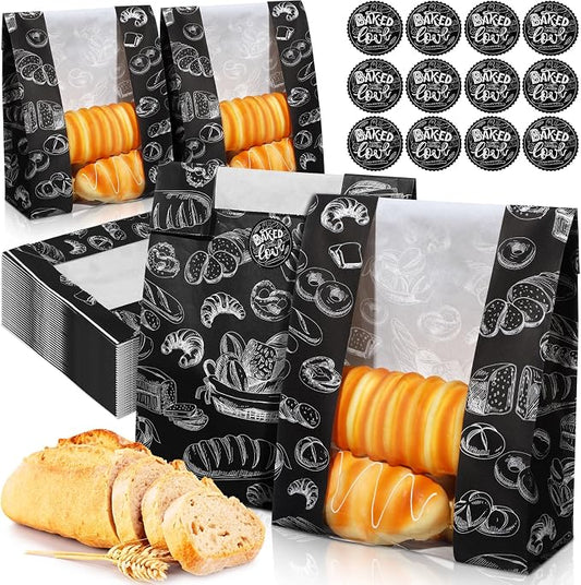MotiMind 100 Packs Paper Bread Bags for Homemade Bread Sourdough 14 x 8.3 x 3.5 Inches Kraft Paper Bakery Bag with Window Label Seal Sticker for Baked Food Packaging Storage(Black)