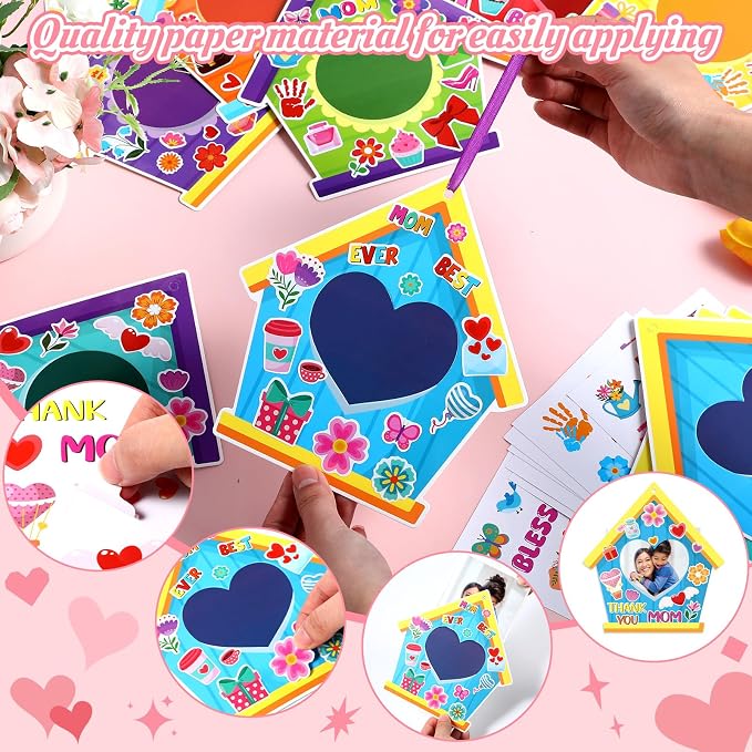Dianelhall 24 Sets Mother's Day Picture Frame Craft Kit Love You Mom Photo Crafts Spring House Picture Frame Gift with Flower Stickers for Spring Mother's Day Classroom Holiday Party Activities(House)