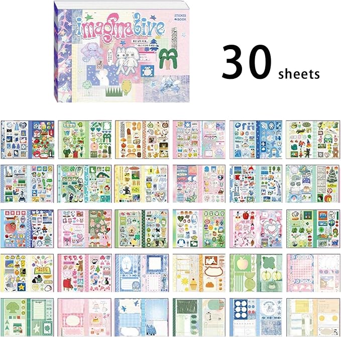 30 Sheets Fantasy Cartoon Sticker Book Cute Kawaii Scrapbook Stickers, Adhesive Notes & Memo Pads for Planner, Journal, Photo Album, Water Bottle DIY Crafts Pink-Purple