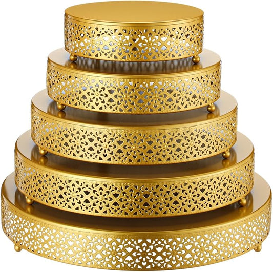 Wenqik 5 Pcs Metal Gold Cake Stand 16/14/12/10/8 Inch Round Cake Holder Display for Dessert Table Cookies Fruit Serving Tray Cupcake Pastry Riser for Wedding Birthday Party and Events