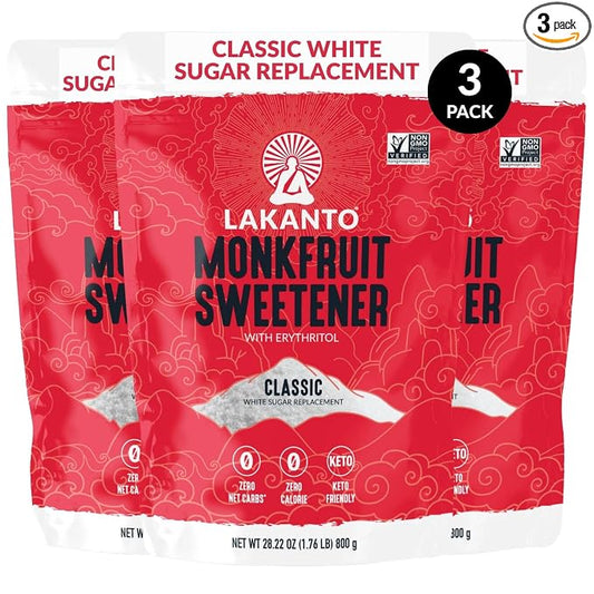 Lakanto Classic Monk Fruit Sweetener with Erythritol - White Sugar Substitute, Zero Calorie, Keto Diet Friendly, Zero Net Carbs, Baking, Extract, Sugar Replacement (Classic White - 1.76 lb Pack of 3)