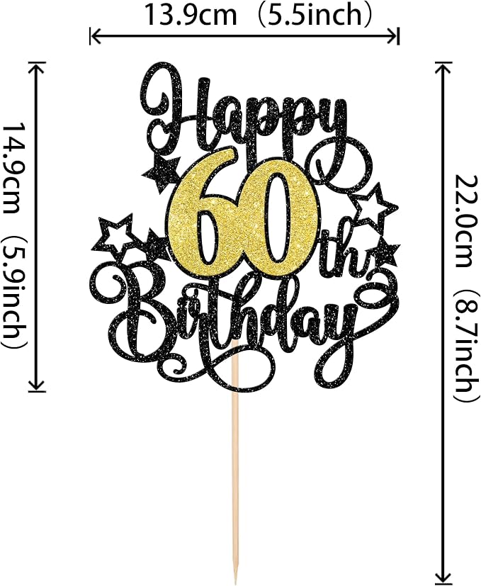 1 PCS Happy 60th Birthday Cake Topper Black Gold Glitter Cheers to 60 Years Birthday Cake Pick Hello 60 Fabulous Cake Decoration for Happy 60th Birthday Anniversary Party Decorations Supplies