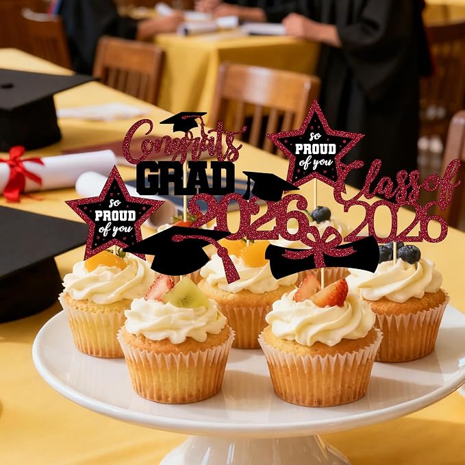 48 PCS Graduation Cupcake Toppers 2026, 6 Styles Grad Cake Topper, Congrats Graduation Decorations, Black and Burgundy Glittery Cap and Diploma Cake Picks for Grad Party Decor Supplies