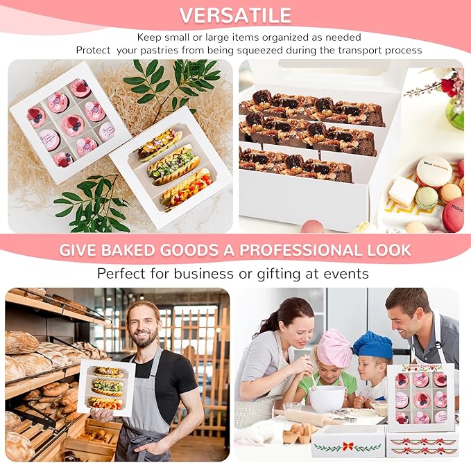 Zealax 9 Inch Bakery Boxes with Window and Dividers Cookie Packaging Treat Boxes for Mini Cupcakes, Chocolate Covered Strawberries, Brownies, and Small Treats for Gift Giving∣Pack of 6, 9x9x2.75 inch