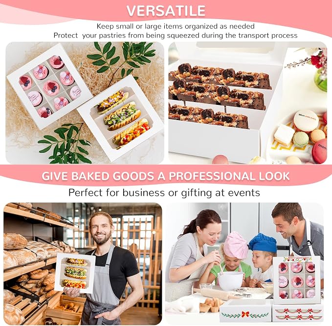Zealax 9 Inch Bakery Boxes with Window and Dividers Cookie Packaging Treat Boxes for Mini Cupcakes, Chocolate Covered Strawberries, Brownies, and Small Treats for Gift Giving∣Pack of 12, 9x9x2.75 inch