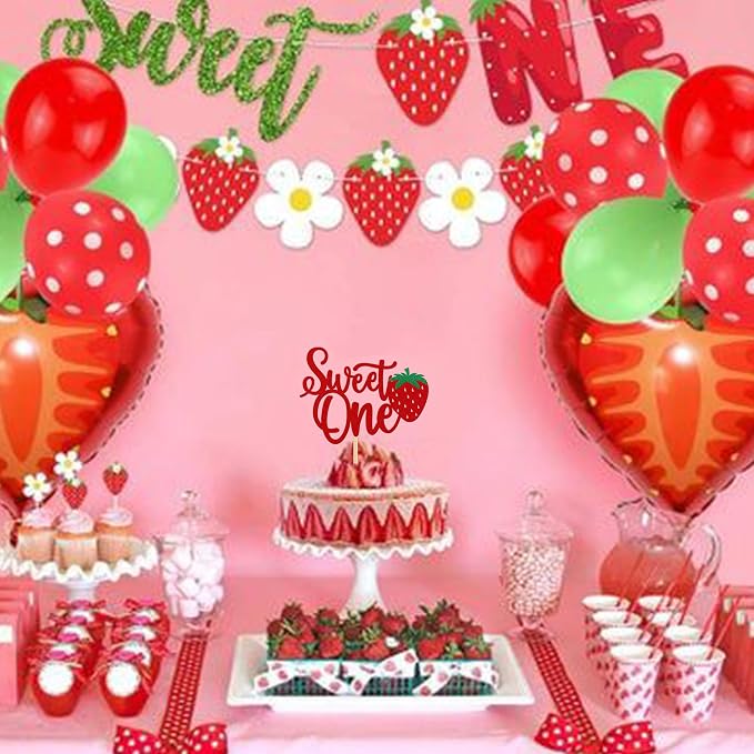 1 Pack Sweet One Cake Topper Glitter First Birthday Strawberry Cake Pick for Fruit Baby Shower 1st Birthday Berry Sweet Cake Decoration For Birthday Party Supplies Red