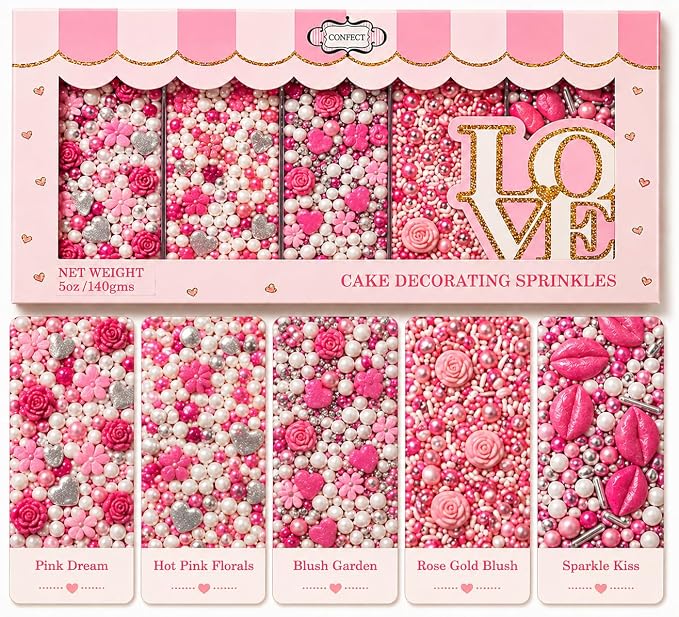 Confect Cake & Cupcake Sprinkles | Love Sprinkles Mix Pink Mini Lips & Roses, Silver Hearts & Vermcelli and White Pearls | Anniversary Sprinkles | Edible sprinkles Mix Pack of 5 (5 Oz)