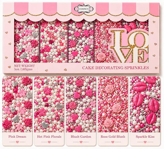 Confect Cake & Cupcake Sprinkles | Love Sprinkles Mix Pink Mini Lips & Roses, Silver Hearts & Vermcelli and White Pearls | Anniversary Sprinkles | Edible sprinkles Mix Pack of 5 (5 Oz)