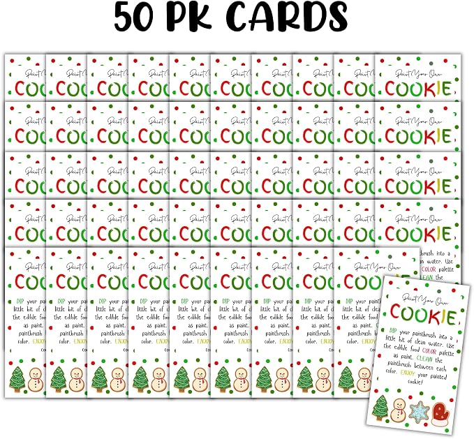Paint Your Own Cookie Instruction Cards 50pk 3.5x2” for Christmas Holiday Sugar Cookies DIY Decorating Kit Bakers Care Bulk Guide Clients Food Coloring