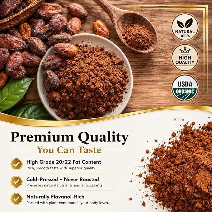 OhmYes Lion's Mane Mushroom Cacao | Premium Pure Raw Organic Cacao Powder | Natural Chocolate Powder Drink Mix | Sugar-Free Flavanol Rich Superfood | Unsweetened | 33 Servings