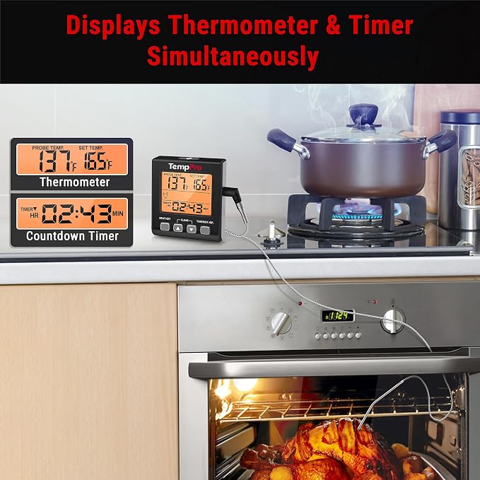 TempPro TP16SW Digital Meat Thermometer for Cooking and Grilling, BBQ Food Thermometer with Backlight and Kitchen Timer, Grill Temperature Probe Thermometer for Smoker, Barbecue, Oven, Black