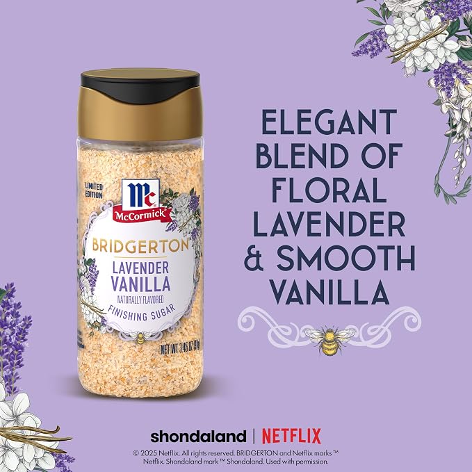 McCormick Bridgerton Finishing Sugar, Lavender Vanilla, Limited Edition, Floral Lavender Notes, Smooth Vanilla Flavor, For Cakes, Cocktails, Matcha Tea, and More, 3.45 oz