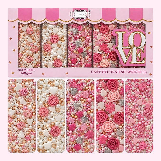Confect Pink Mini Roses I Silver Hearts & Vermcelli and White Pearls | Anniversary Sprinkles | Sprinkles for Baking & Cake Decorative | Edible sprinkles - Vegan, Gluten-Free, Nut-Free, Soy-Free, Dairy-Free , Handcrafted Sprinkle 5 Oz