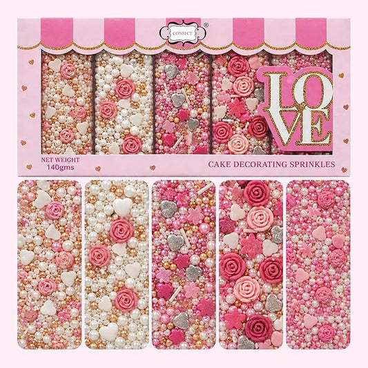 Confect Pink Mini Roses I Silver Hearts & Vermcelli and White Pearls | Anniversary Sprinkles | Sprinkles for Baking & Cake Decorative | Edible sprinkles - Vegan, Gluten-Free, Nut-Free, Soy-Free, Dairy-Free , Handcrafted Sprinkle 5 Oz