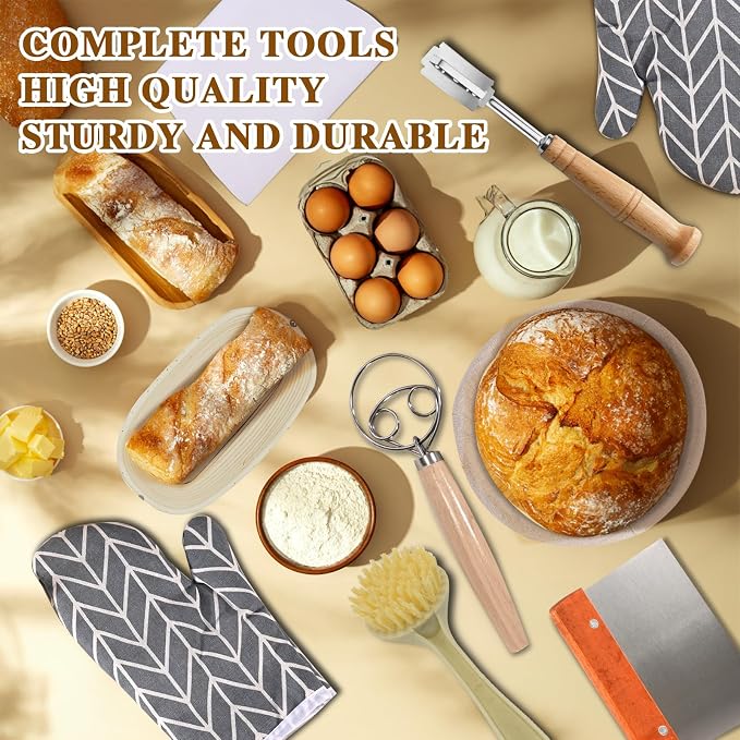 Sourdough Starter Kit Banneton Bread Proofing Basket Baking Set Gift with Heat-Resistant Gloves,Sourdough Baskets Sourdough Tools, Includes 9-inch Round and 10-inch Oval Bread Making Tools
