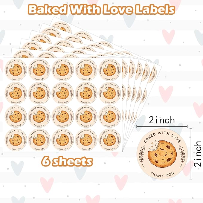 Louise Maelys 120 Pcs Baked with Love Stickers- 1.5 Inch Round Thank You Sticker with Cookie Pattern Labels for Bakery Packaging, Homemade Treats, Gift, Small Business Packaging or Party Favors