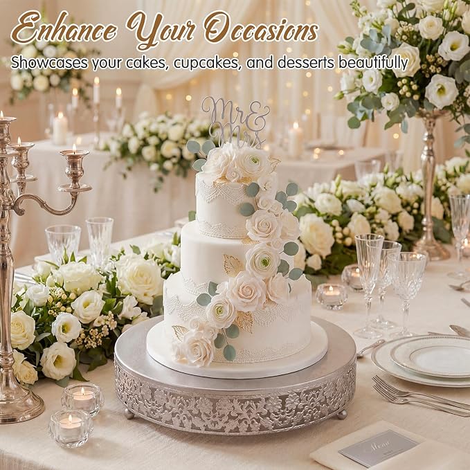Wenqik 12 Inch Silver Cake Stand Set Metal Round Cupcake Dessert Stand with Cake Cutting, Flower Spatula Wedding Cupcake Pastry Display Candy Holder Display for Wedding Party Birthday Baby Shower