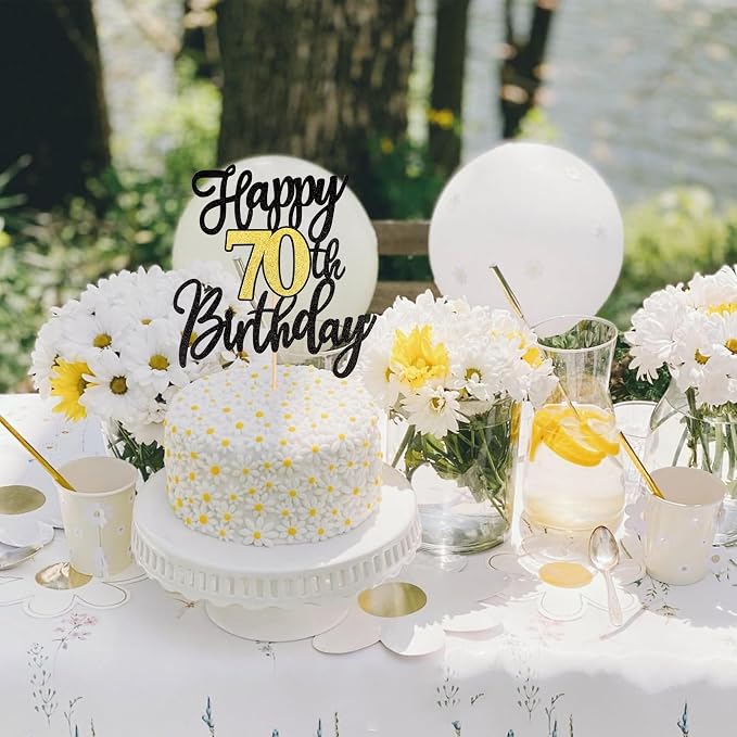 1 PCS Happy 70th Birthday Cake Topper Black Gold Glitter Cheers to 70 Years Birthday Cake Pick 70 Fabulous Cake Decoration for Happy 70th Birthday Anniversary Party Decorations Supplies