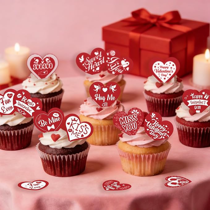 70PCS Edible Heart Cupcake Toppers Wafer Paper Red Sweet Love Be Mine Kiss Me Heart Cupcake Picks Valentine’s Cake Decor for Valentine's Day Theme Wedding Party Supplies