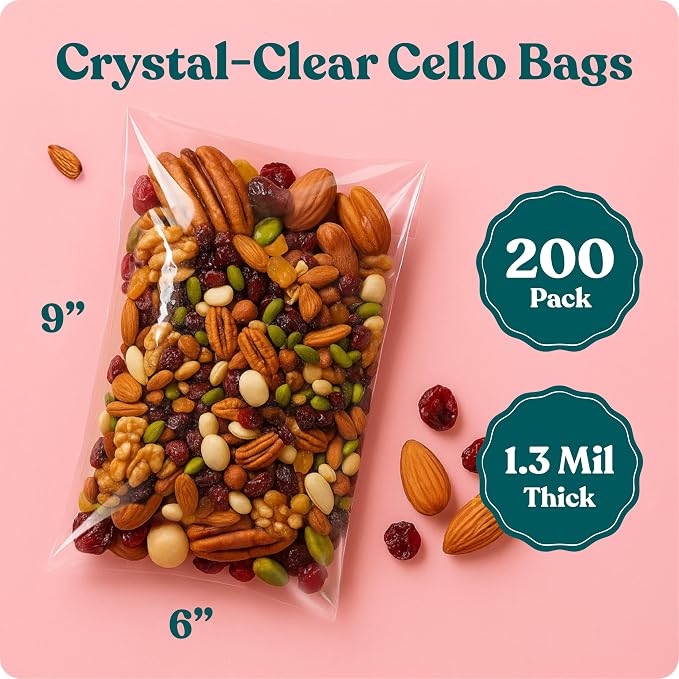 6" X 9" Self Sealing Cellophane Bags (200 Pack) - Clear Cookie and Pretzel Rod Bags With Seal for Baked Goods Packaging, Cookie Wrappers, Bakery Packaging, Bake Sale, Candy, Treats, Goodies, Gifts