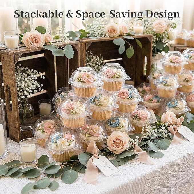 VGOODALL 50Pack Individual Cupcake Containers with Lid, 4.3 x 3.2 Inches Plastic Clear Cupcake Holder for Wedding Baby Shower Birthday Party Supply