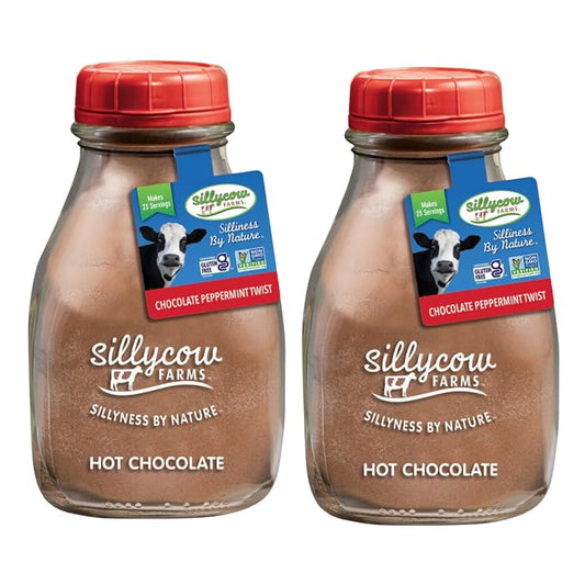 Silly Cow Farms Peppermint Twist Hot Chocolate Mix | Gluten-Free, Non-GMO, Dairy-Free | Dutch Processed Cocoa Powder & Natural Cane Sugar | Holiday Flavor in Reusable Glass Bottle | 16.9 oz, Pack of 2