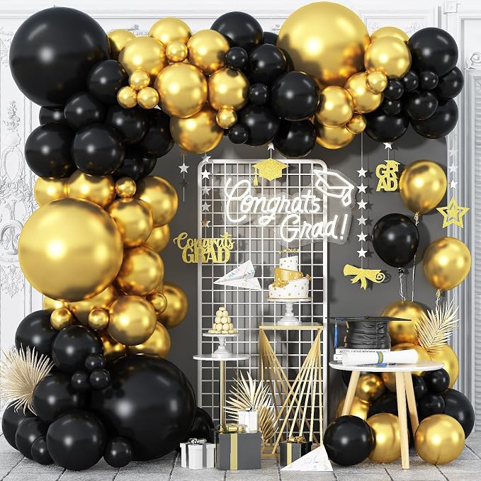 Black and Gold Balloon Garland Kit, Metallic Gold and Black Balloon Arch Kit, Black and Gold Balloons Different Sizes 18/12/10/5 inch for Graduation Birthday Anniversary Bachelorette Party Decorations