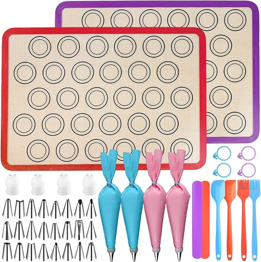 44 Pcs Macaron Silicone Baking Kits, Macaron Baking Supplies,2 Macaron Silicone Baking Mats,24 Piping Tips,4 Piping Bags,4 Cable Ties,4 Connectors,2 Brushes,2 Scrapers,and 2 Tapping Rings